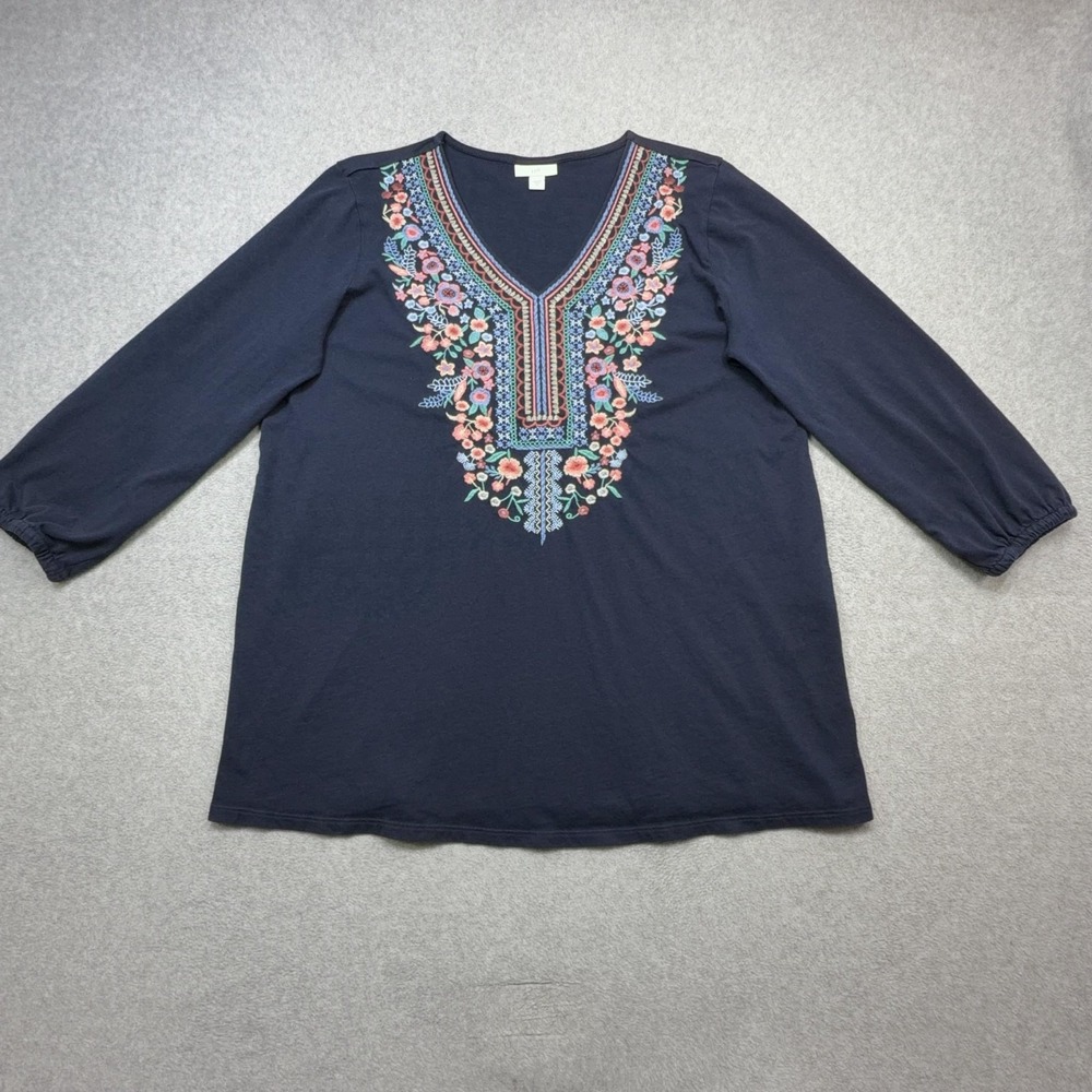 J Jill Tee Shirt Womens Medium Blue Embroidered Floral 3/4 Sleeve Boho Tunic Top